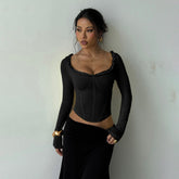 Black Fungus Trim Long-Sleeved Corset Top